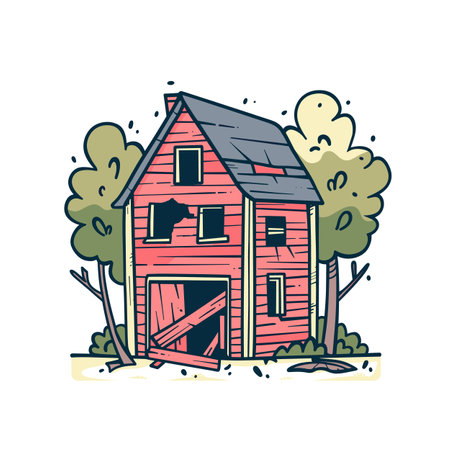 Handdrawn style vector illustration depicting weathered red barn surrounded trees. Cartoon rural scene featuring old barn, greenery, whimsical style. Red farm building illustration symbolizingのイラスト素材