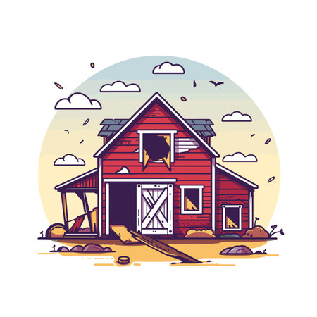 Red barn illustration sunset scenery birds flying. Rustic farm building wooden structure countryside landscape. Abandoned barn, broken roof, fallow landのイラスト素材