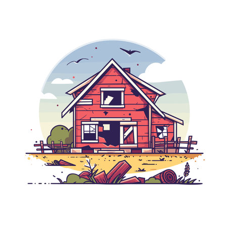Abandoned red farmhouse under blue sky, broken windows, derelict. Rustic homestead neglected, birds flying overhead, barren landscape. Countryside dwelling dilapidated, serene sky, fading daylightのイラスト素材