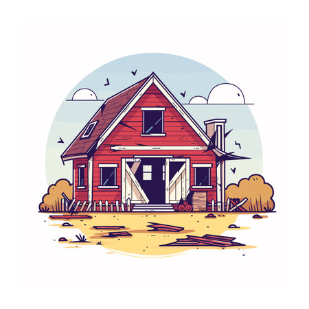 Cozy red wooden cottage illustration under clear sky, surrounded nature. Cartoon style home broken fence scattered wood planks. Warm autumn colors create serene rustic sceneのイラスト素材