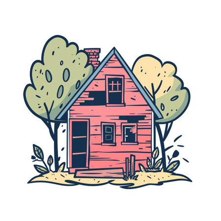 Quaint coral pink house nestled among trees, handdrawn style. Cozy cottage trees, feels rural fairytale setting. Cartoonish pink home nature, inviting warmのイラスト素材