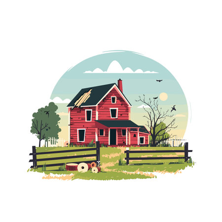 Red farmhouse surrounded greenery, serene rural landscape illustration. Quaint wooden house, rustic setting, peaceful countryside atmosphere, birds flying. Vector illustration portraying charmingのイラスト素材