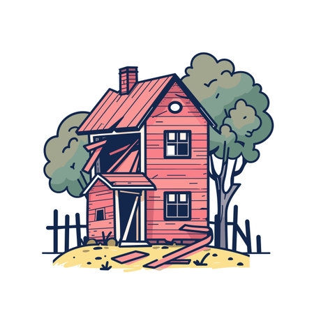 Red abandoned house surrounded nature, broken windows detached door. Handdrawn illustration dilapidated twostory home, cartoon style white. Colorful artwork old rural building, treesのイラスト素材