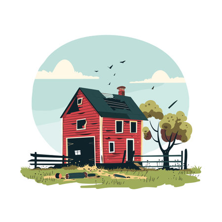 Red barn countryside farm, serene rural landscape illustration. Pastoral scenery farmland, trees, fence, blue sky, clouds cartoon style. Tranquil farmstead field, homestead agricultural themeのイラスト素材