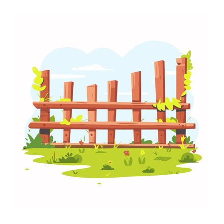 Wooden fence surrounded greenery flowers under blue sky. Cartoon style, vibrant colors, ideal game background. Lush grass, leaves climbing rustic fence, nature sceneのイラスト素材