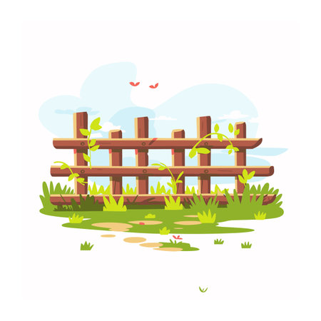 Cartoon wooden fence surrounded lush greenery under blue sky. Warm spring day wooden fence garden park. Countryside landscape barrier vines birds flyingのイラスト素材