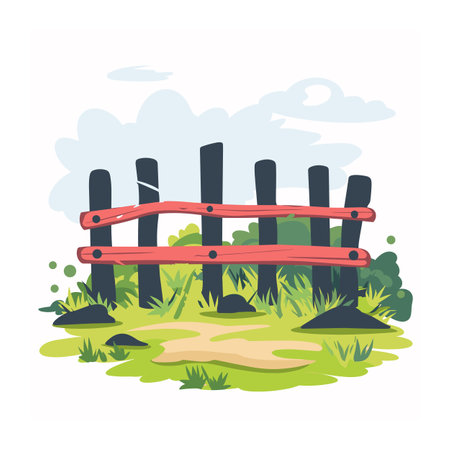 Wooden fence lush green meadow, surrounded bushes forest background. Cartoon style illustration nature scene featuring rustic fence. Peaceful countryside landscape wooden barrier foliageのイラスト素材