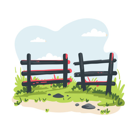Handdrawn style broken fence sandy ground green grass. Cartoon fence damage, countryside concept. Blue sky clouds backdrop, red details wooden textured fenceのイラスト素材