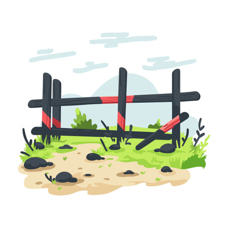 Rural broken fence vector illustration, dilapidated wooden barrier cartoon style, countryside damaged enclosure graphic. Countryside landscape element, farm perimeter security barrier cartoonのイラスト素材
