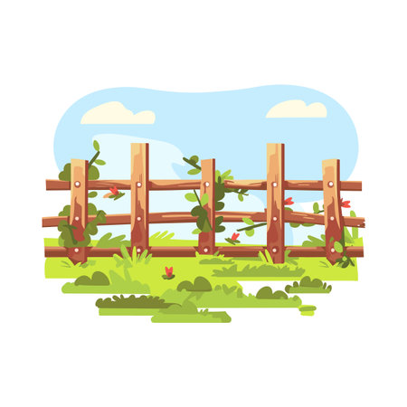 Wooden fence surrounded lush green grass, floral embellishments, blue sky backdrop. Cartoon style illustration rustic fence vibrant countryside setting. Idyllic farmland wooden barrier plantsのイラスト素材