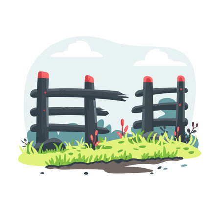Rustic wooden fence surrounded green grass small flowers sky. Cartoon style wooden fence sits lush green grass, vibrant plants, clear blue skies. Quaintのイラスト素材