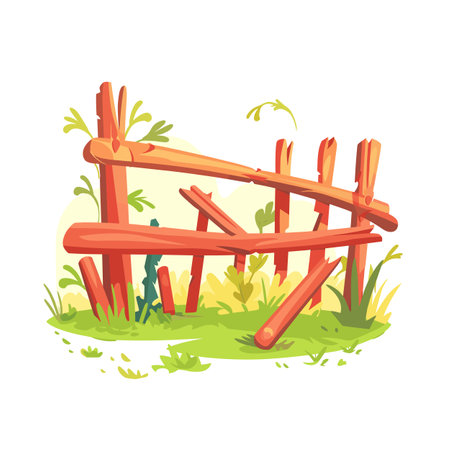 Broken wooden fence cartoon style grassy background. Damaged fence countryside wood planks grass illustration. Rural fencing destroyed field vector graphic greeneryのイラスト素材