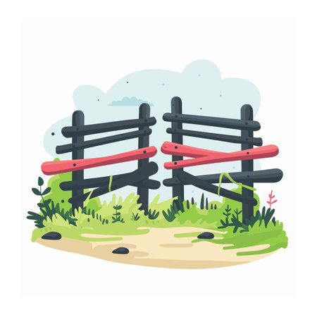 Rustic wooden fence vector illustration blending nature, ideal farm countryside settings, red highlights. Charming scene perfect storytelling childrens literature, displays peaceful outdoorのイラスト素材
