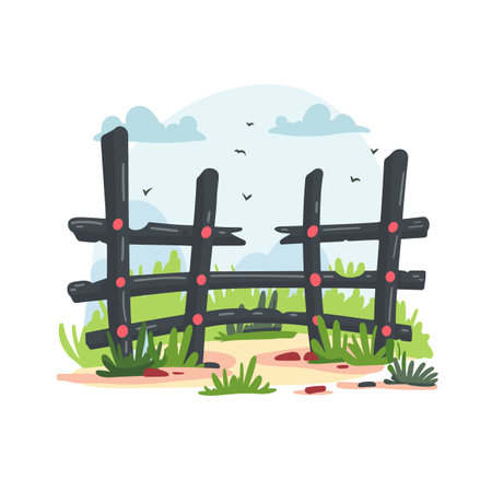 Rustic wooden fence surrounded lush grass, cartoon style illustration, countryside scene. Vector graphic rural landscape, fence red knots, serene nature backdrop. Skyline dotted flying birds aboveのイラスト素材