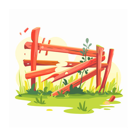 Dilapidated wooden fence overgrown green vegetation amidst tall grass. Decrepit orangered fence broken planks chipped paint lush garden. Weathered wooden barrier, nature overtaking manmadeのイラスト素材