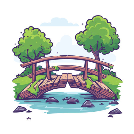 Dilapidated wooden bridge crossing serene stream tall trees surrounding, lush greenery blue sky. Cartoonstyle rickety bridge straddling gentle river lush landscape rolling hills. Rustic woodenのイラスト素材