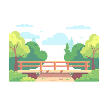 Scenic park bridge surrounded lush, green trees bushes, clear blue sky clouds, tranquil outdoor scene, peaceful natural environment, inviting walking path leading wooden bridge, ideal landscapeのイラスト素材