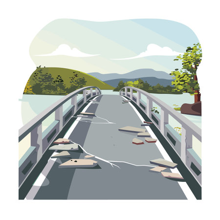 cracked, broken bridge amidst nature, foliage mountains suggesting isolation. Damaged pathway surrounded green hills, trees waters under clear sky. Illustrates outdoors structure needing repairのイラスト素材