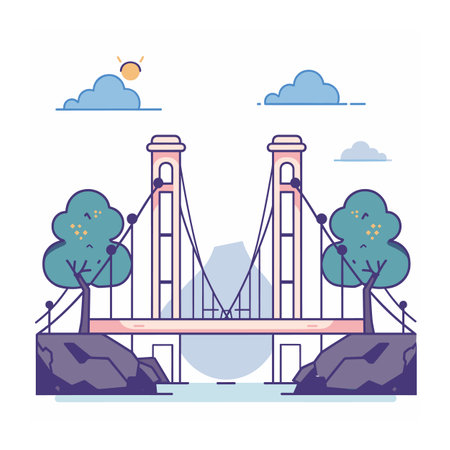 Suspension bridge spanning river tall towers, support cables, rocky base, tree borders. Blue sky, clouds, orange sun, abstract nature scenery. Pastel colors, minimal style, white backgroundのイラスト素材