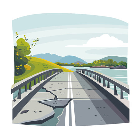 Cracked bridge crossing river surrounded hills cloudy sky background vector illustration. Broken concrete bridge road damaged illustration rural landscape mountain view vector. Dilapidated structureのイラスト素材