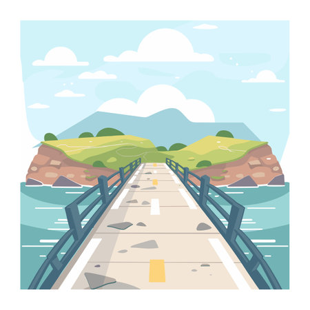 Scenic illustration depicting bridge over blue water leading towards grassy hilly island. Broken bridge falling debris rocky ocean waves below creates sense adventure peril. Clear skies white cloudsのイラスト素材
