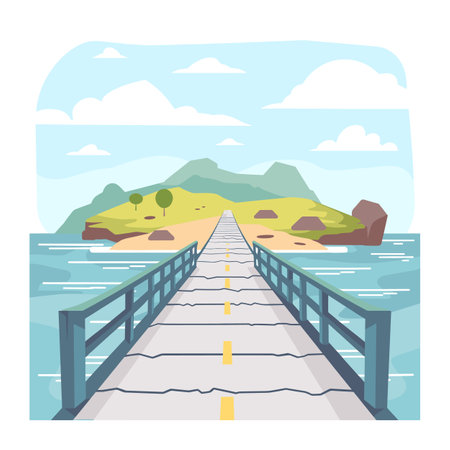Scenic illustration long bridge spanning over ocean leading towards island hills trees. Minimalist, colorful cartoonstyle landscape featuring clear blue sky, calm water, rocky coastline. Straightのイラスト素材
