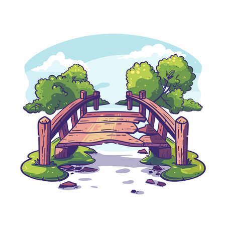 Arched wooden bridge scenic cartoon forest. Green foliage arched wooden bridge blue sky nature. Rustic footbridge broken planks idyllic landscape isolated white backgroundのイラスト素材