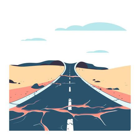 deserted desert road riddled large cracks potholes, extending towards hills aerial view vector illustration, calming blue sky spotted clouds, cracked road stretch cutting through barren landscapeのイラスト素材