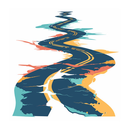 Abstract distorted road reflection. Curved road yellow lines colorful background. Creative street reflection art pieceのイラスト素材