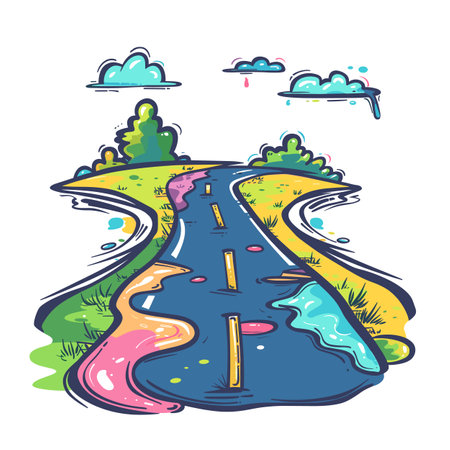 Surreal road through colorful landscape painting leaves vibrant abstract marks. Creative dripping road portrayal features melted asphalt whimsical clouds. Playful distorted street illustration mixesのイラスト素材