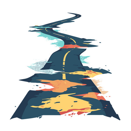 Distorted road, leading forward, colorful splashes, abstract illustration. Winding, broken path, artistic rendering, surreal scenery, yellow lines. Grunge isolated white background conceptualのイラスト素材