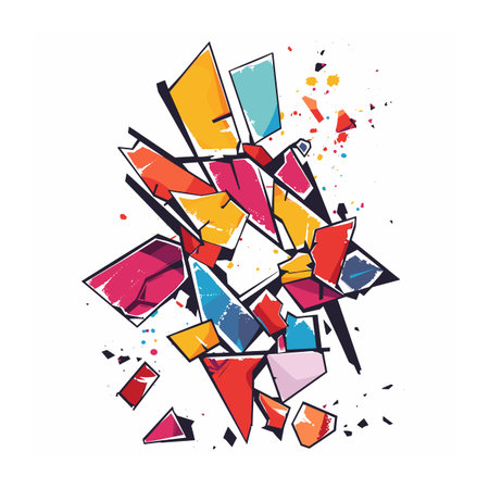 Abstract geometric artwork features vibrant colored shards against isolated white background. Bright shapes explosion comprises red, yellow, blue, pink, orange fragments scattered dynamicallyのイラスト素材