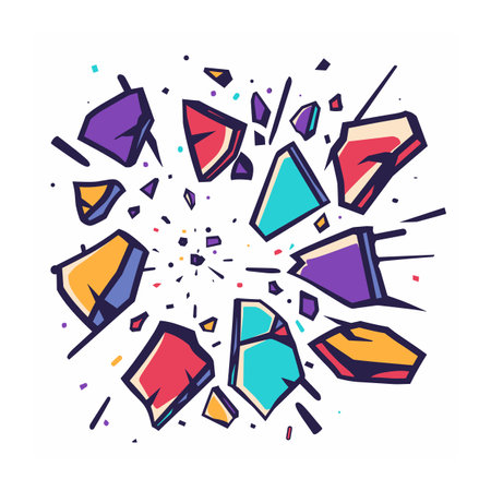 Vibrant geometric shapes burst exploding colorful shards abstract pieces, isolated white background, vector illustration. Mosaic crystal fragments blue purple yellow red scattered dynamic motionのイラスト素材