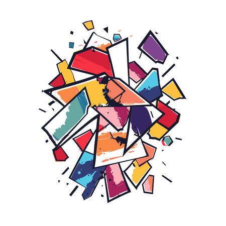 Abstract colorful geometric shapes forming chaotic pattern. Bright colors, splashed paint, outlined dark lines. Modern art style, vibrant polygonal pieces, representing dynamic movement energyのイラスト素材