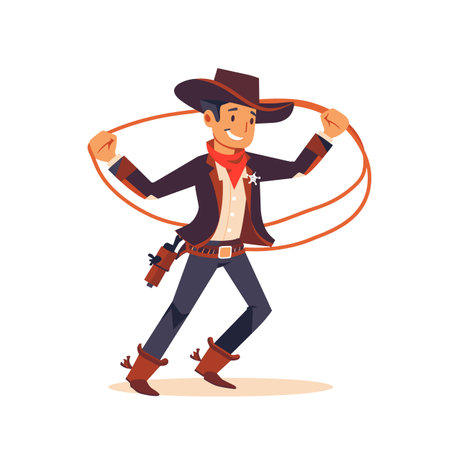 cartoon cowboy western attire brown hat, red bandana, brown boots, black pants swinging lasso. Male sheriff star badge gun holster, smiling confidently while performing lasso tricks. Vectorのイラスト素材