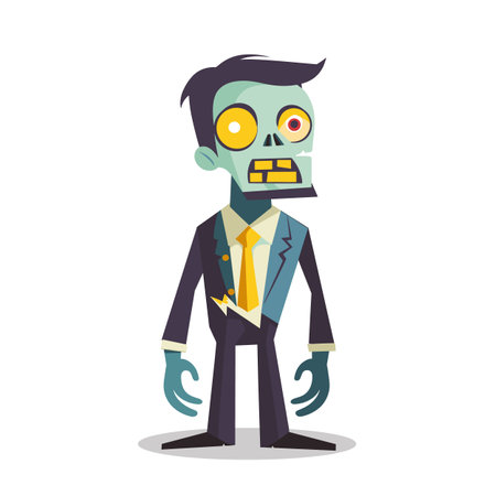 Animated cartoon zombie character dressed businessman wearing suit tie. Male undead figure, grey skin, large bulging eyes, gaping jaw. Isolated white background, cartoon art style, flat vector imageのイラスト素材