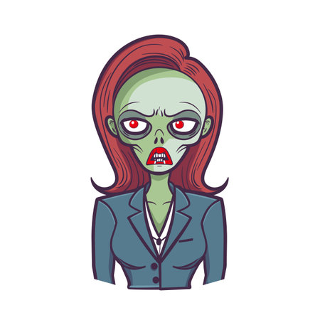 Animated zombie woman cartoon character wearing suit, green skin, red hair, hollow eyes. Vector illustration scary professional businesswoman transformed into zombie eerie expression. Isolated whiteのイラスト素材