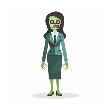 Female zombie businesswoman wearing formal suit, green skin, long dark hair, yellow eyes, isolated white background. Scary undead professional female worker, green skin, vacant expression, tatteredのイラスト素材