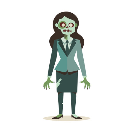 Zombie businesswoman wearing tattered suit standing eerie expression, her skin green holloweyed, isolated white background. Depicts undead corporate worker, horror Halloween costume, reanimatedのイラスト素材