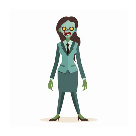 Zombie woman wearing business attire standing isolated white background vector illustration. Greenskinned female zombie formal office suit staring straight wearing high heels. Cartoon undeadのイラスト素材