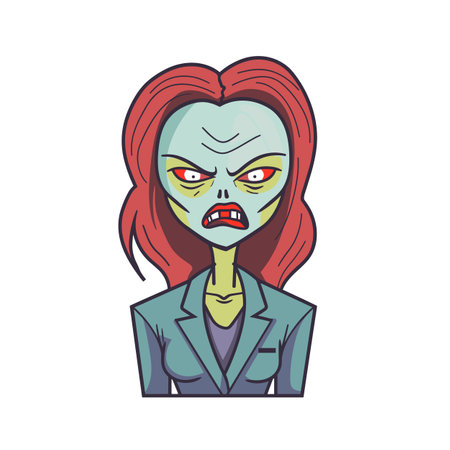 Zombie businesswoman red hair green skin, wearing teal suit, appears angry, isolated white background. Cartoon undead female, professional attire, undead office worker. Illustration spooky characterのイラスト素材