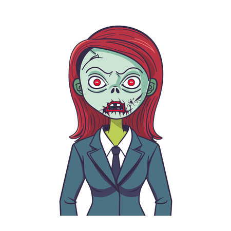 Zombie cartoon character, redhaired businesswoman green skin red eyes suit tie expression isolated white background. Halloween illustration undead corporate woman suit zombie makeup costumeのイラスト素材