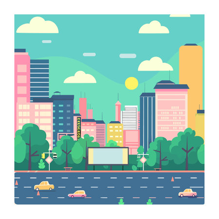 Colorful cityscape urban skyline tall buildings. Bright vehicles traffic street surrounded green trees. Modern highrise structures vibrant backgroundのイラスト素材