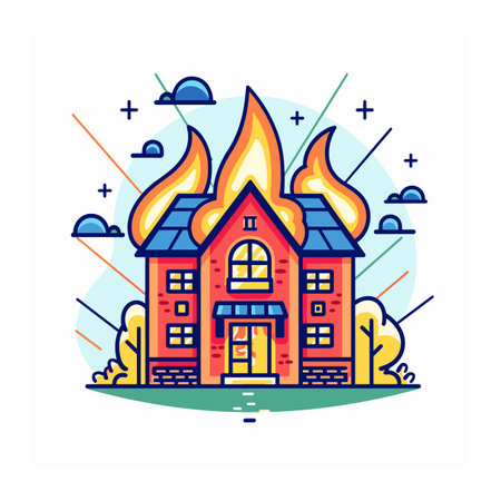 Brightly colored illustration house fire, emergency situation concept art. Flames engulf roof windows red blue twostory building, danger theme. Cartoon style drawing residential fire, disasterのイラスト素材