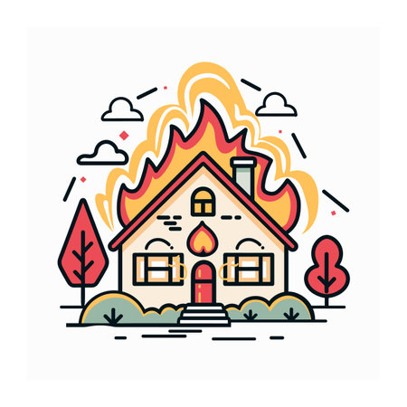 House fire graphic art, vibrant flames engulfing home, emergency situation illustration. Cartoon style burning house, colorful flame design, disaster concept artwork. Residential building ablazeのイラスト素材