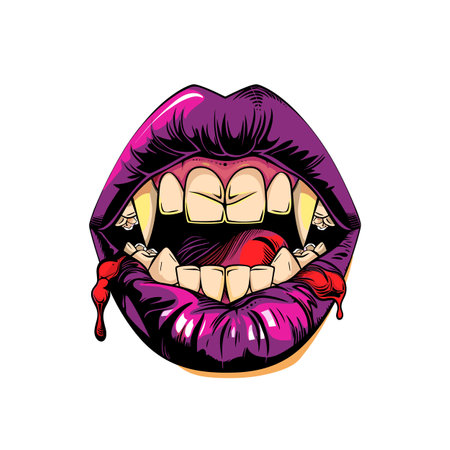 Vibrant purple lips dripping red, exaggerated comic style. Open yellow teeth, red tongue, visible drip. Pop art style illustration sensuous lips, shiny lip gloss effectのイラスト素材