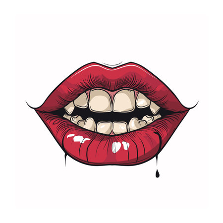 Red lips illustration, partially open mouth showing teeth one drop trickling down. Sensual female lips graphic, isolated white background, red lipstick, dental health. Detailed mouth drawing, beautyのイラスト素材