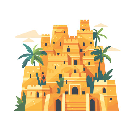 Desert fortress stylized illustration palm trees sandcolored walls. Ancient castle drawing fortified towers ornate doorways depicted. Middle Eastern citadel artwork representing historicalのイラスト素材