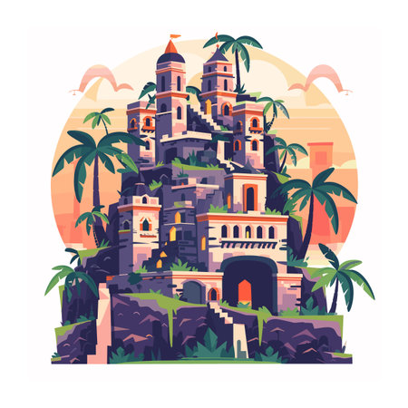 Fantasy castle surrounded palm trees illustration, sunset background, exotic palace design. Magical fortress graphic twin towers, lush foliage, serene atmosphere. Colorful fairytale castle artworkのイラスト素材