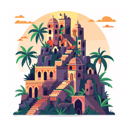 Fantasy landscape depicts intricate castle built into hillside among palm trees. Sunset casts warm glow over castle, highlighting its arches staircases. Palatial architecture nestled tropicalのイラスト素材